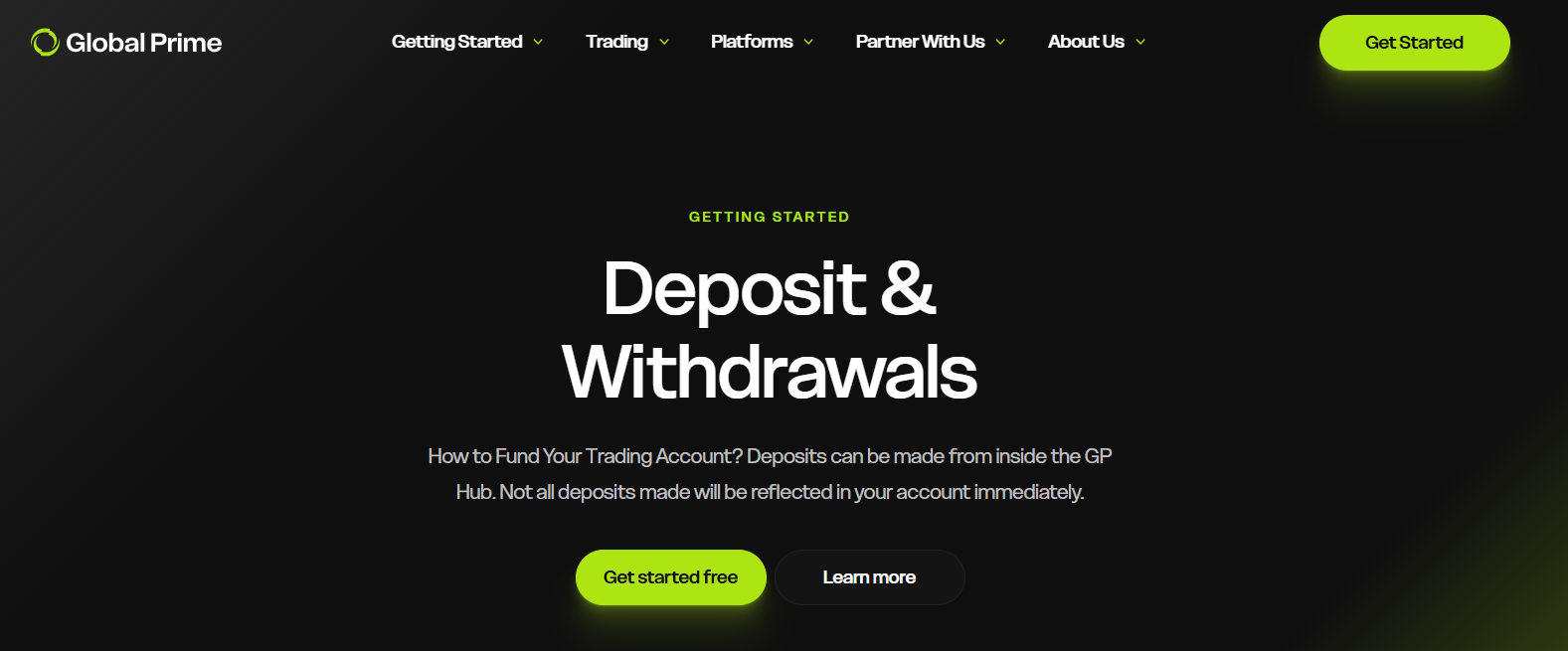 Global Prime deposit and withdrawal methods and processing times