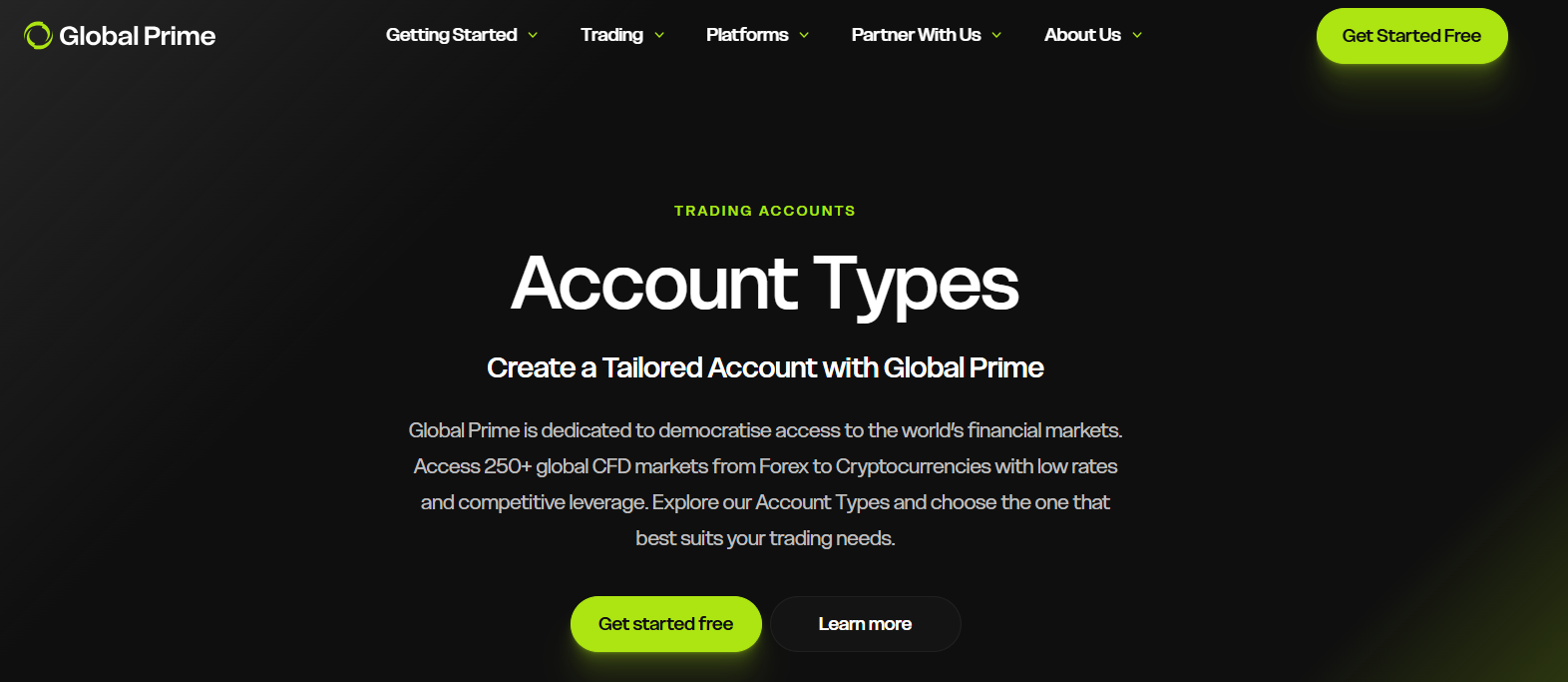 Global Prime Standard, Raw, demo, joint and corporate accounts