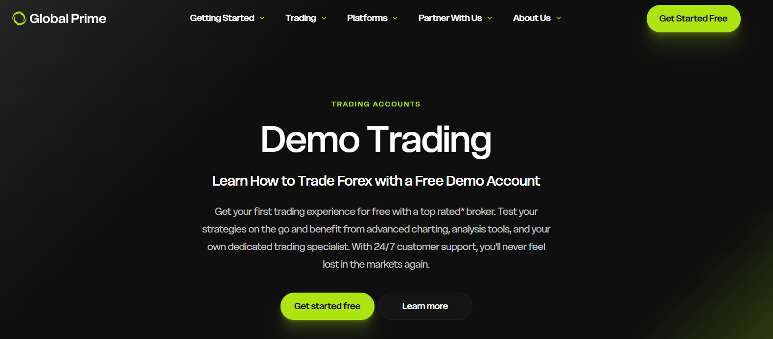 Global Prime free demo account in the GP Hub