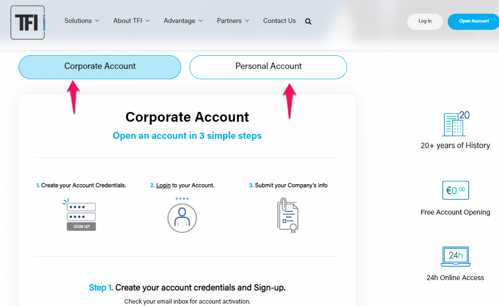 TFI Markets Corporate Account step 2