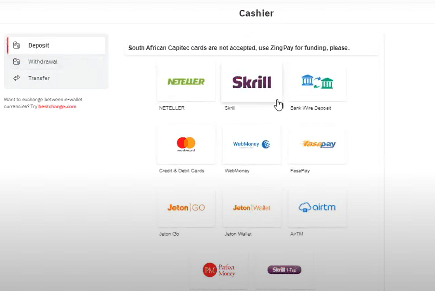 select Deriv deposit method