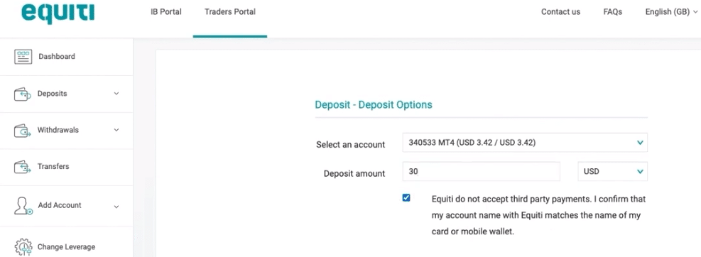 Equiti how to deposit the minimum amount step 2