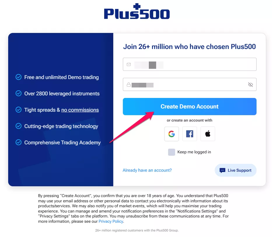 How to Open a Plus 500 Demo Account step 2