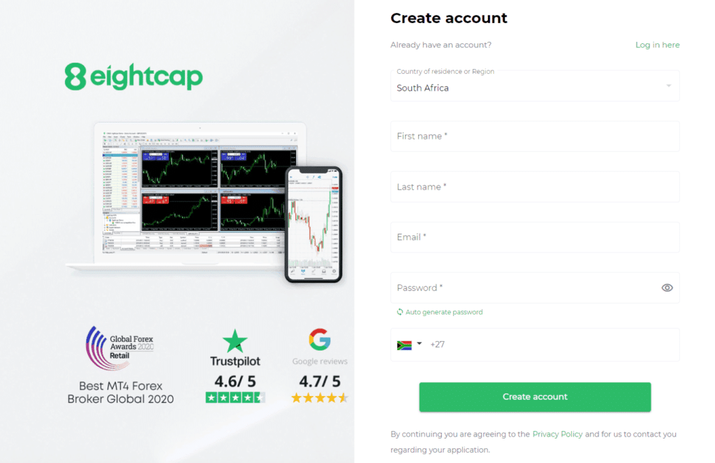 How to open an EightCap Account - Step-by-Step Guide step 2