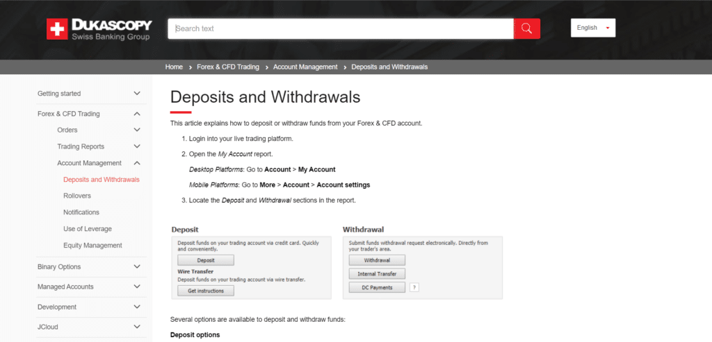 Dukascopy Deposits and Withdrawals
