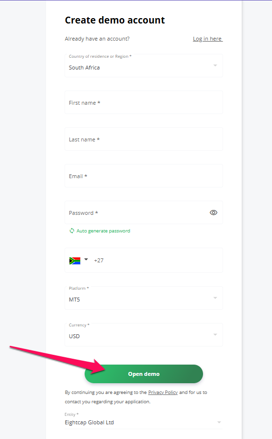 How to open an Eighcap Demo Account step 2