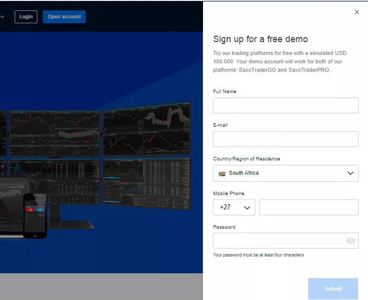 Saxo Bank demo account submit