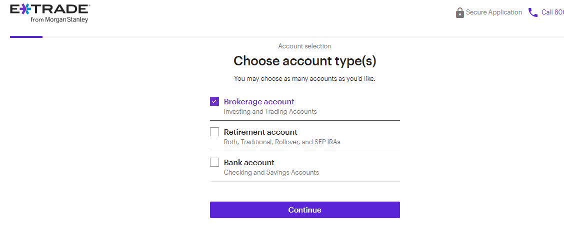 E*TRADE account type selection