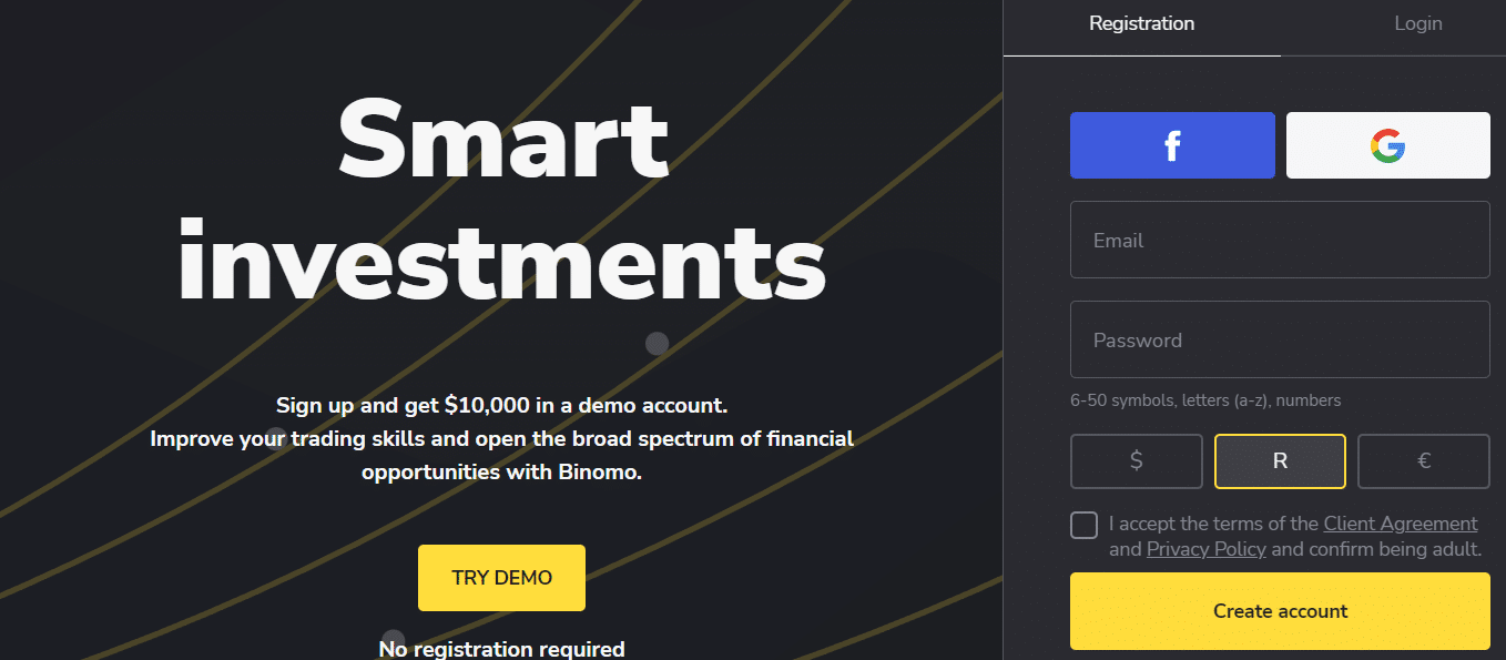 How to open an account with Binomo step 2