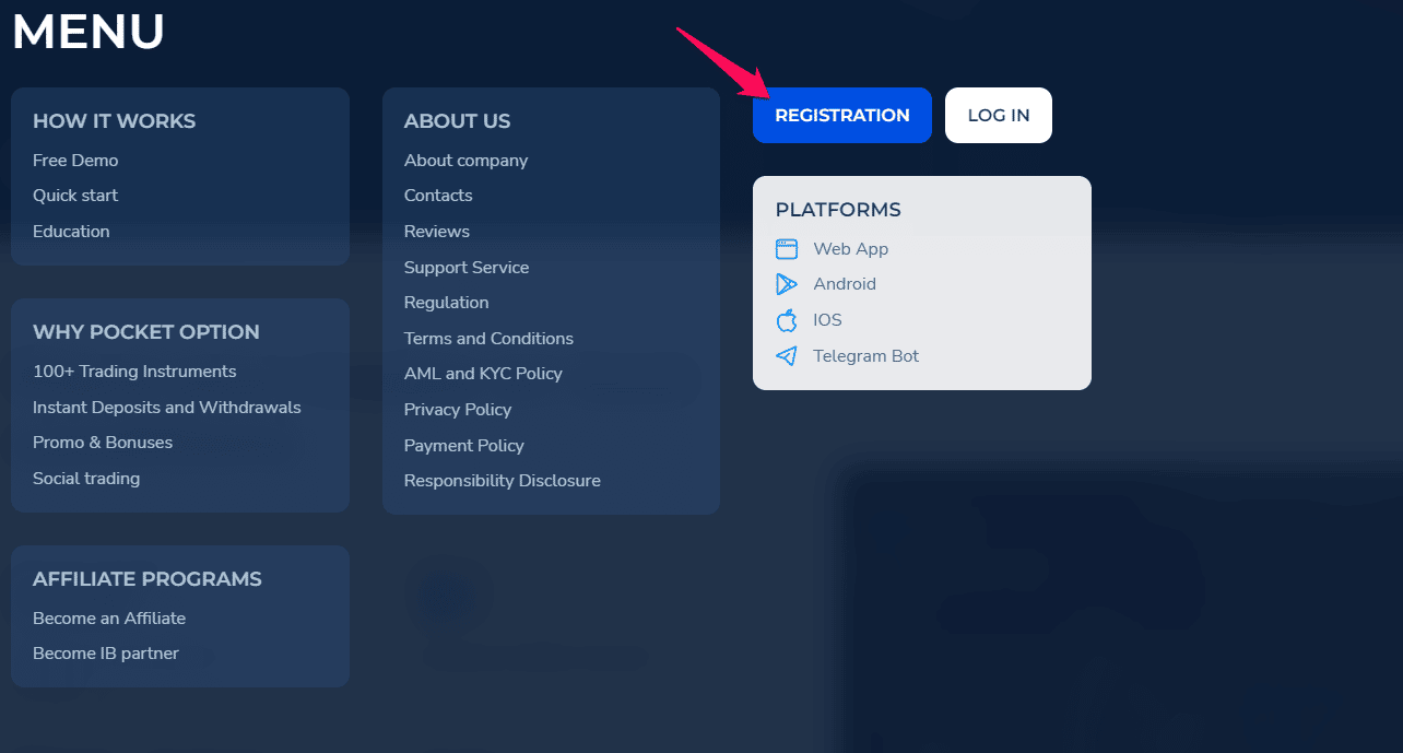 How to set up a PocketOption Demo Account step 1