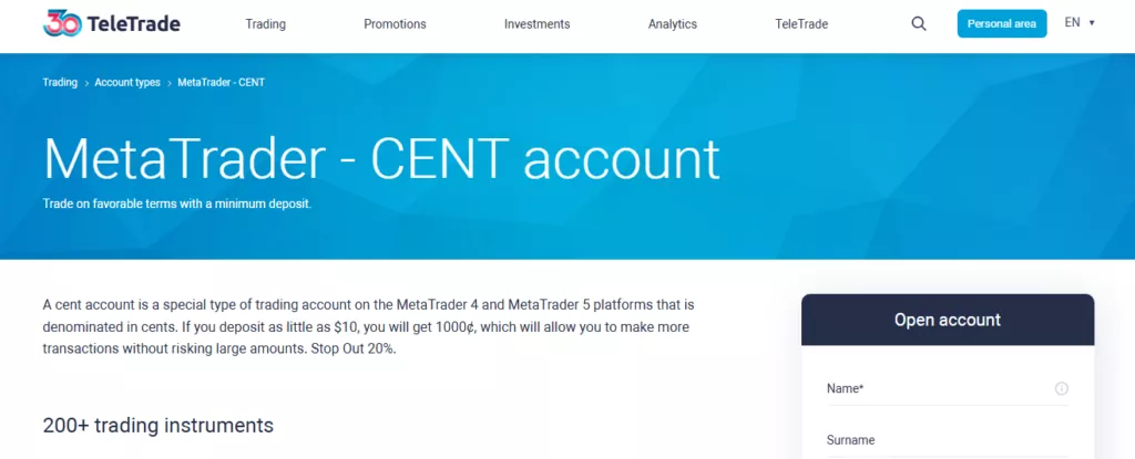 TeleTrade Cent Account