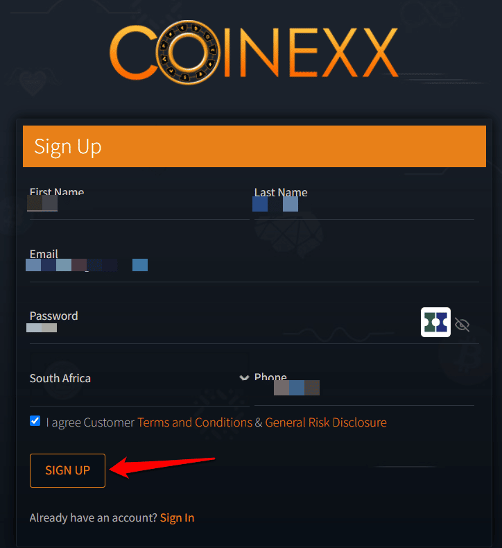 How to open a COINEXX Demo account step by step step 2