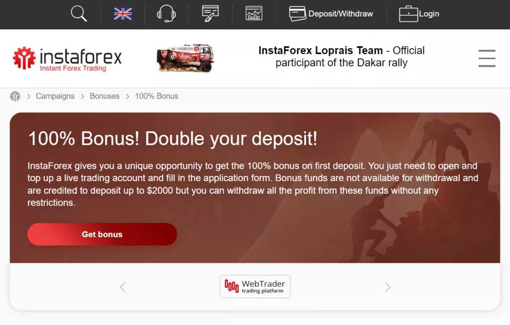 InstaForex 100% Forex Deposit Bonus