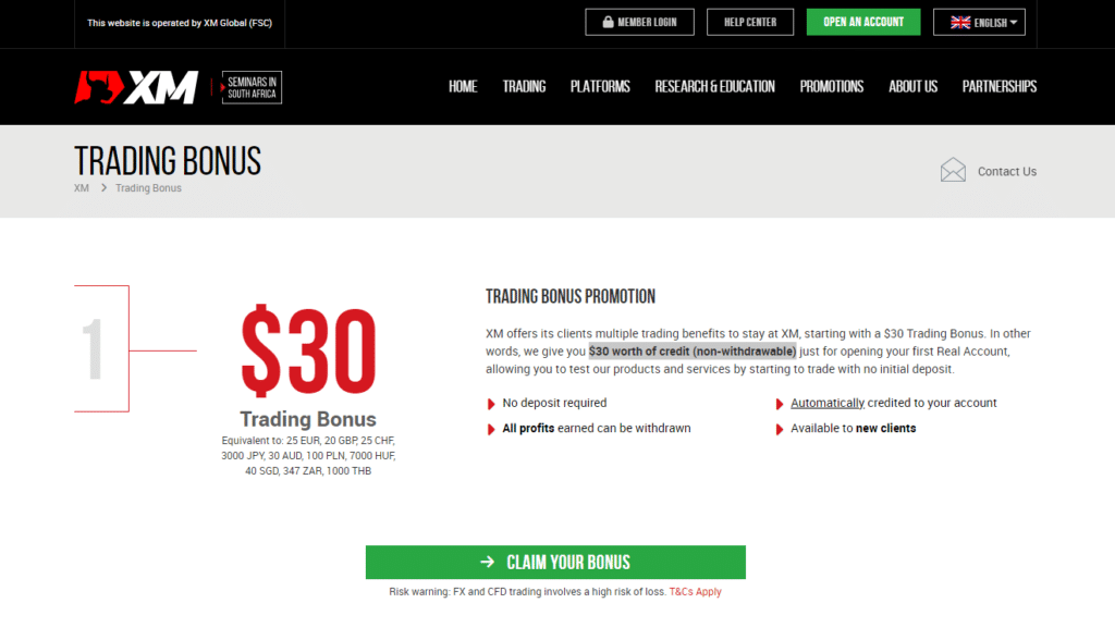 XM $30 USD Welcome Bonus