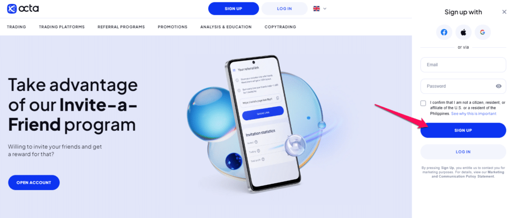 How to open an Affiliate Account with Octa step 2