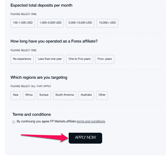 How to open an Affiliate Account with FP Markets step 3