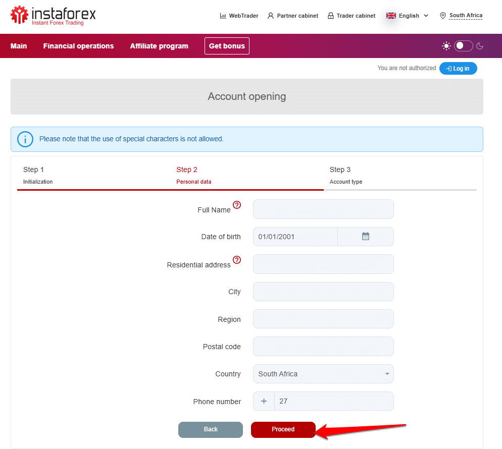 How to Open an InstaForex Account step 3