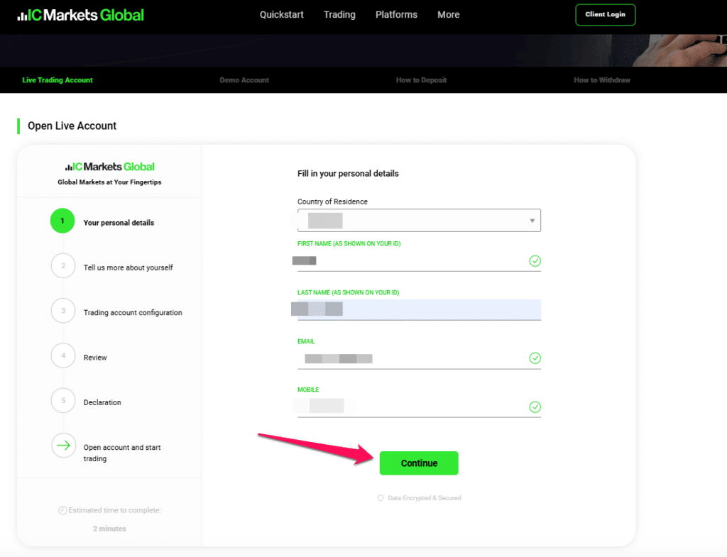 How to open an IC Markets Account step 2