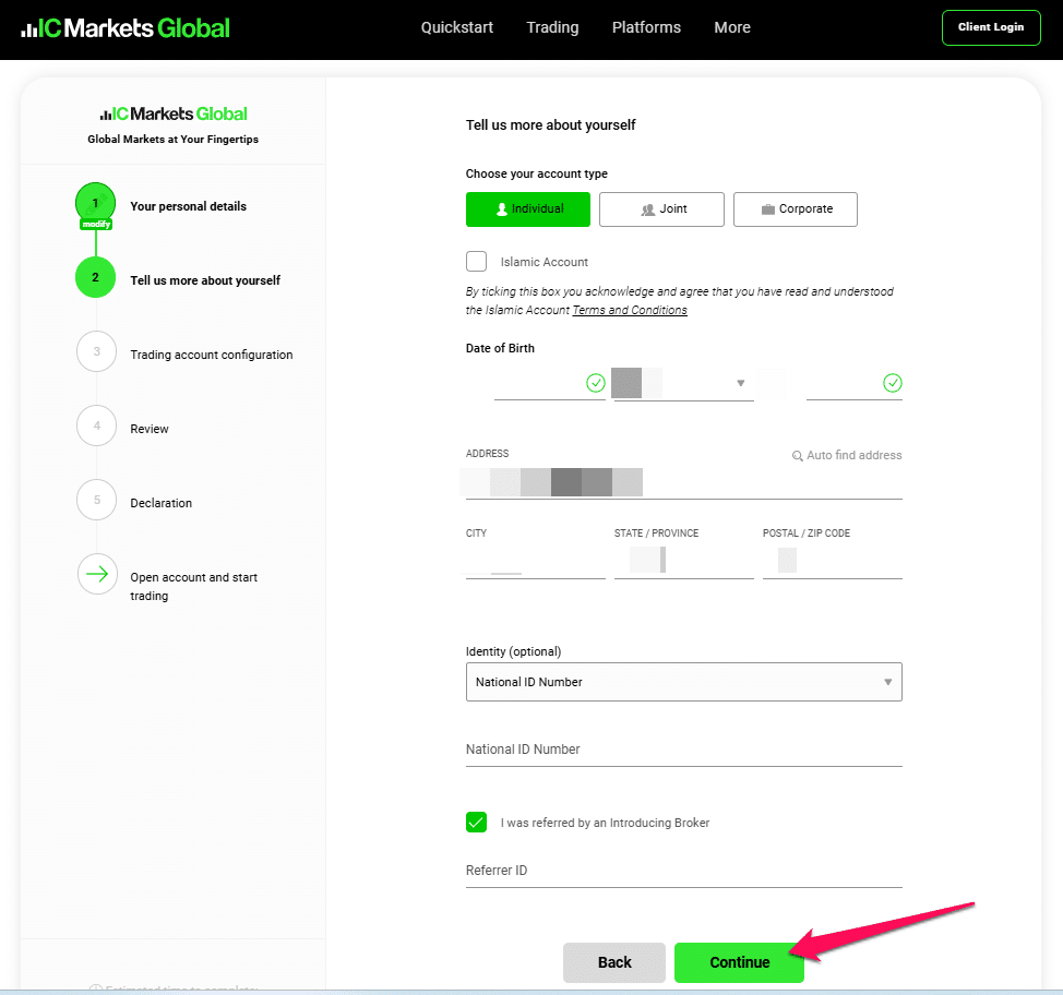 How to open an IC Markets Account step 3