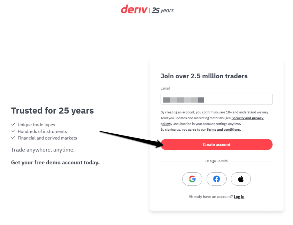 How to open a Deriv account step 2