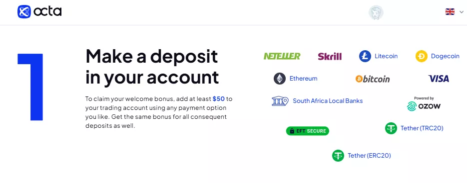 Octa Sign up Bonus - Step 1