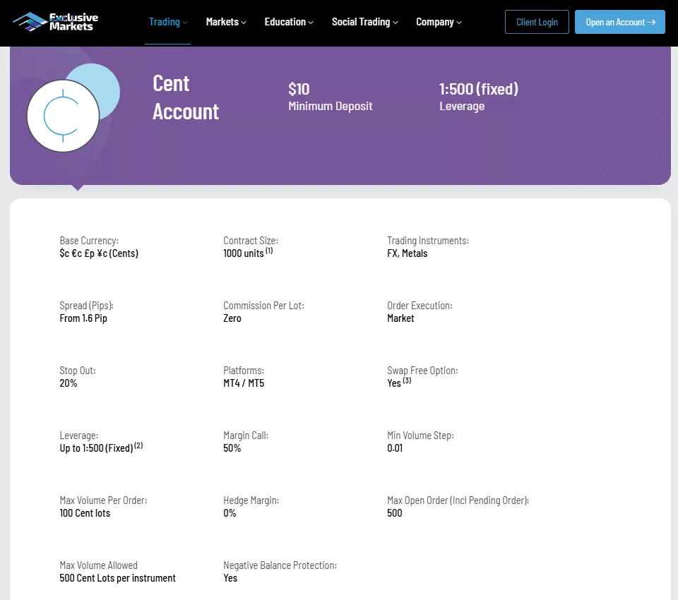 Exclusive Markets Account Types Cent