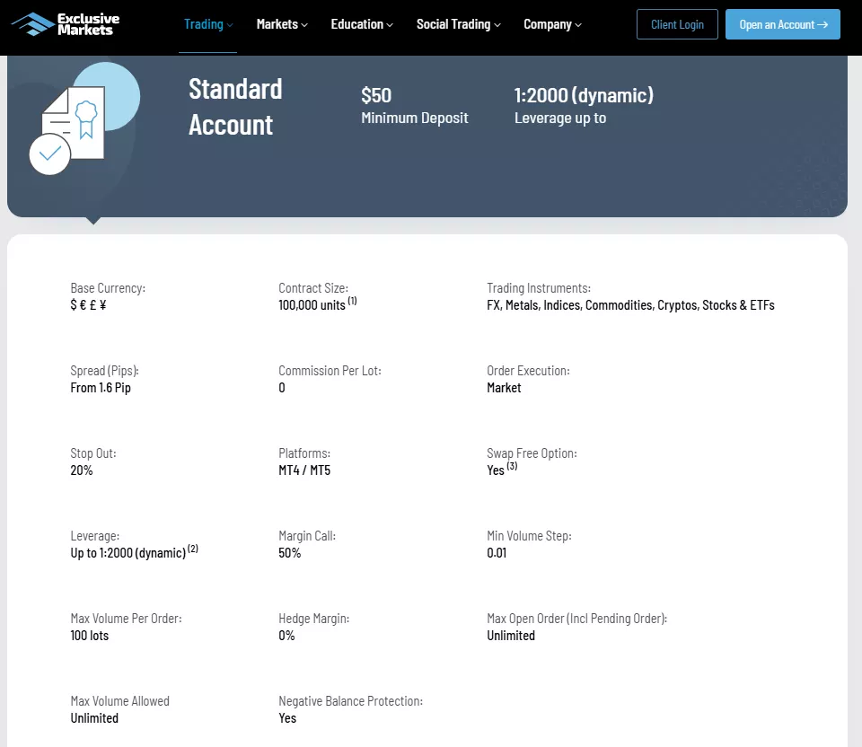 Exclusive Markets Account Types Standard Account