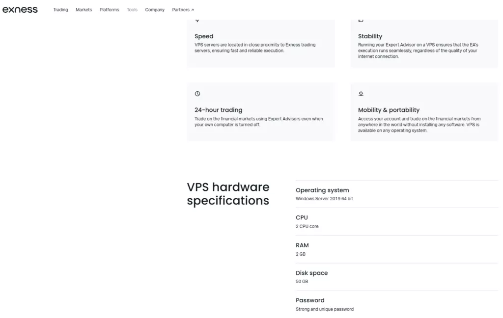 Exness VPS Features