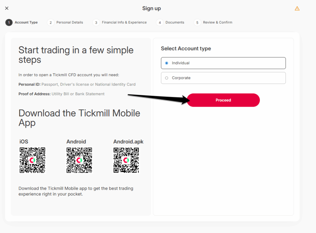 How to Open a Tickmill Account step 2