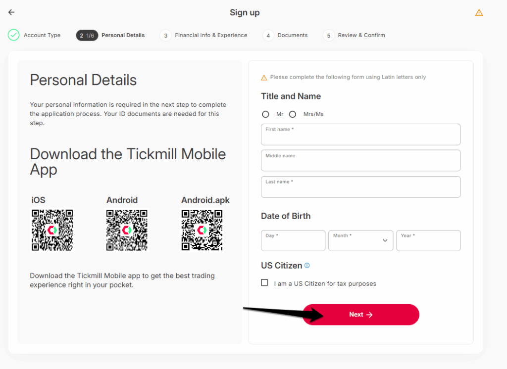 How to Open a Tickmill Account step 3