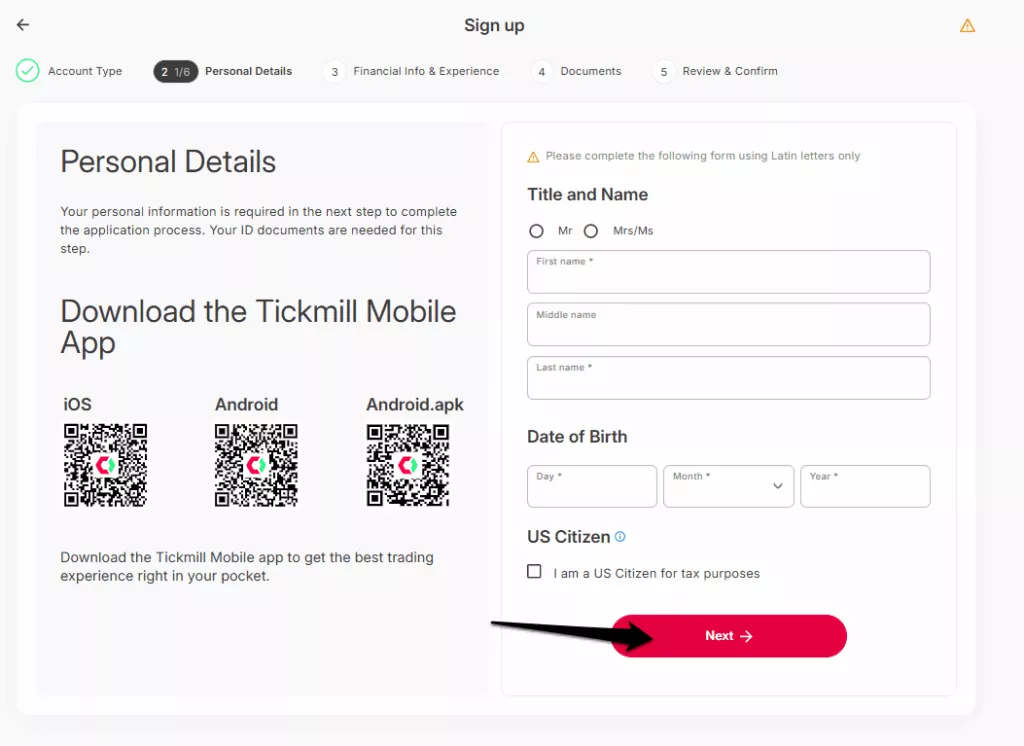 How to Open a Tickmill Account step 3