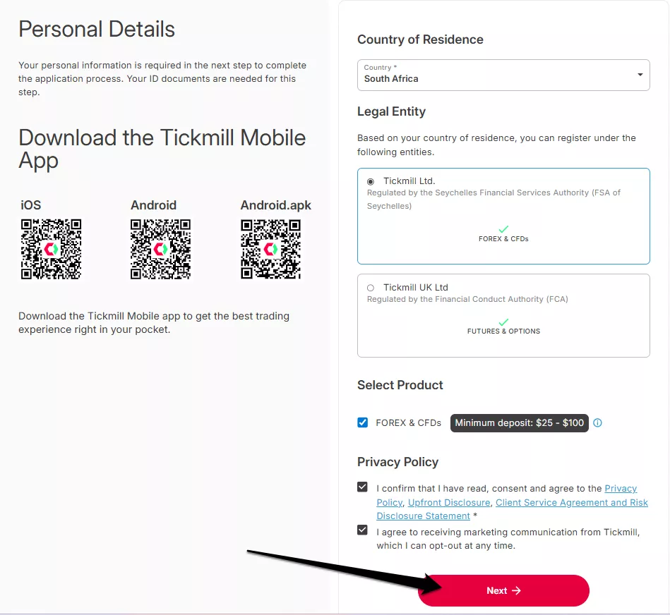 How to Open a Tickmill Account step 4