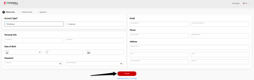 How to open an Affiliate Account with Tickmill step 3