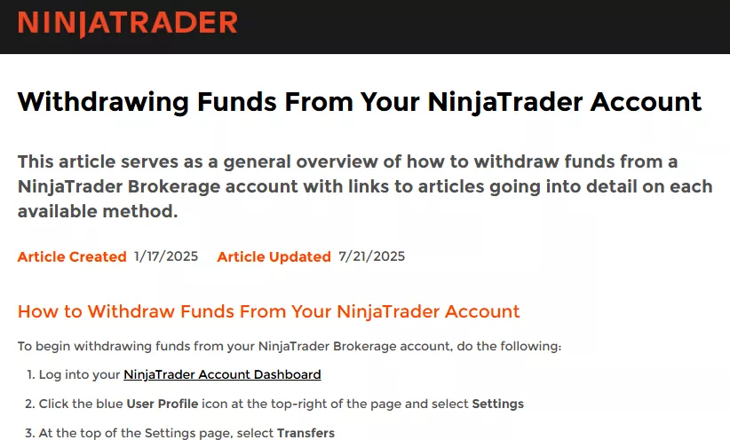NinjaTrader Deposit and Withdrawal
