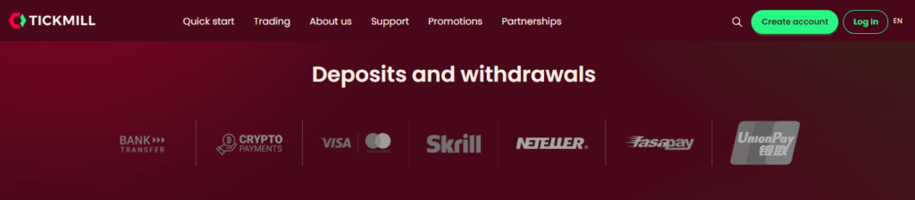Tickmill Deposits and Withdrawals
