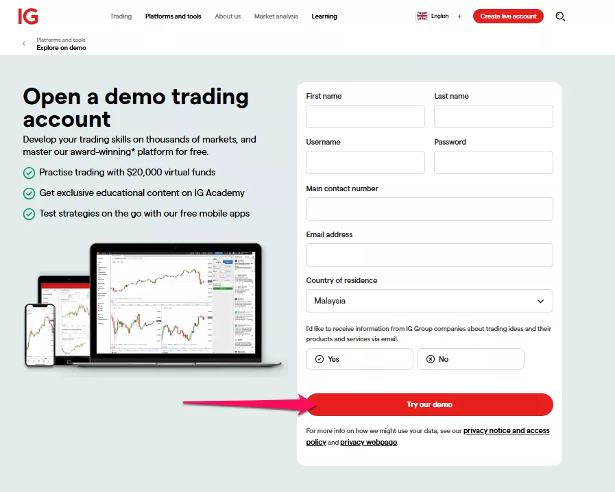 How to Open an IG Demo Trading Account - A Step 2