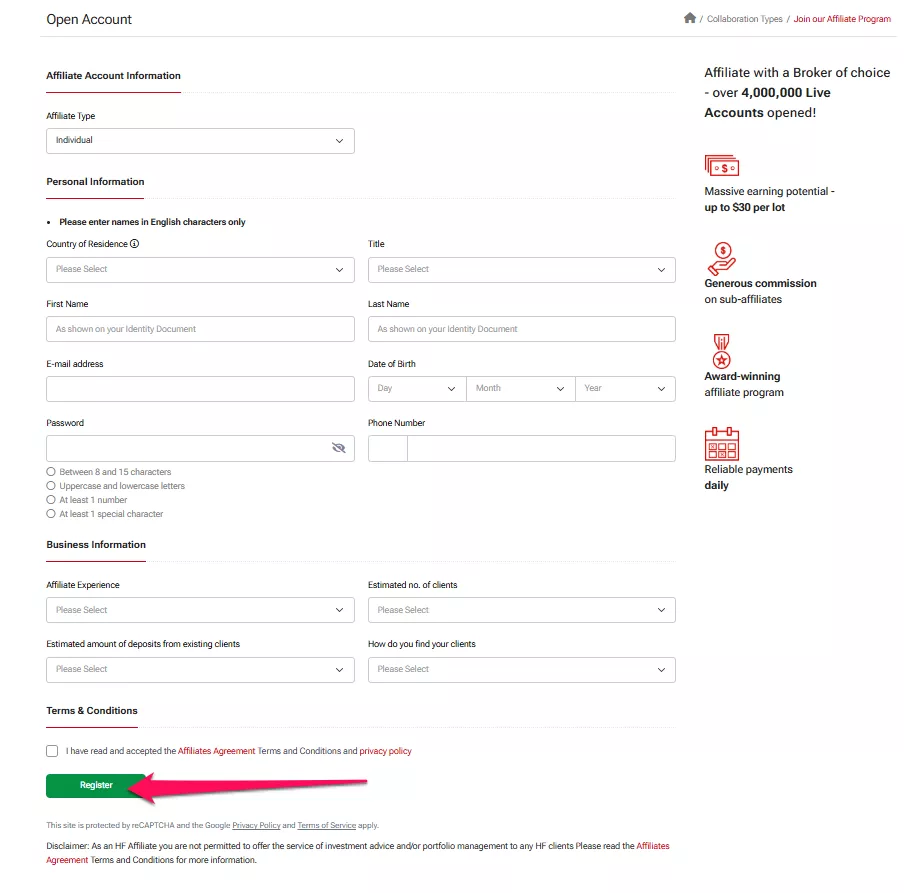 How to open an Affiliate Account with HFM step 3