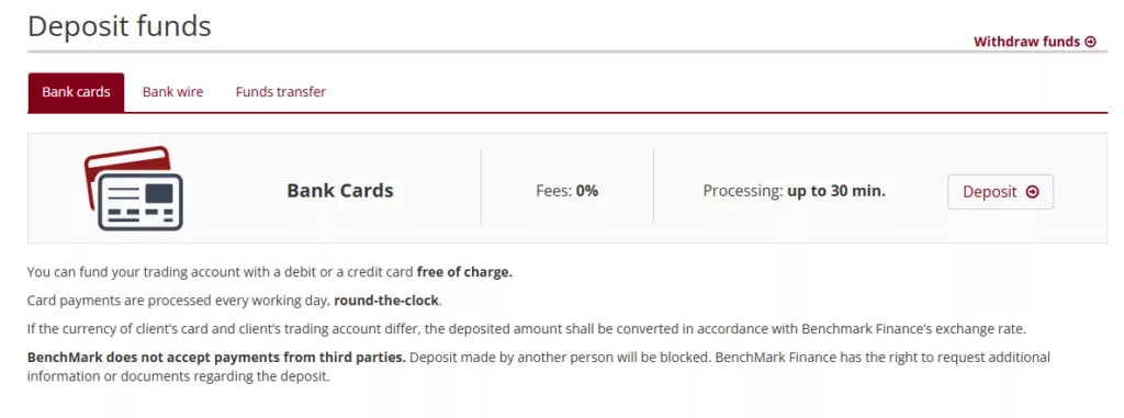 Benchmark Finance Deposit and withdrawal