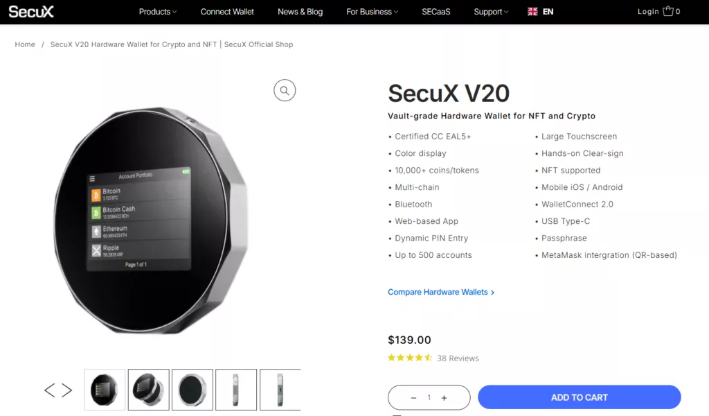 SecuX V20 Cold Storage Cryptocurrency