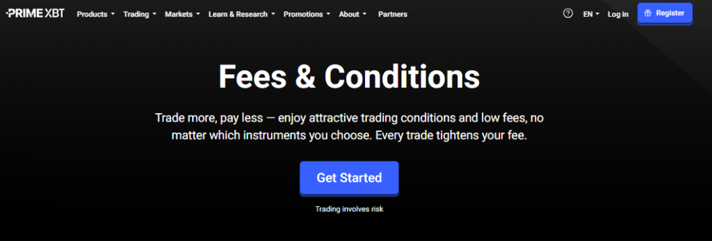 PRIMEXBT Fees, spreads & trade limits