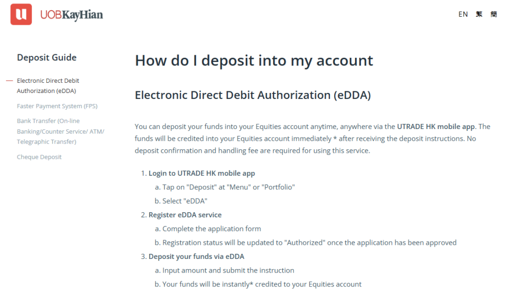 UOB Kay Hian Deposit and Withdrawal