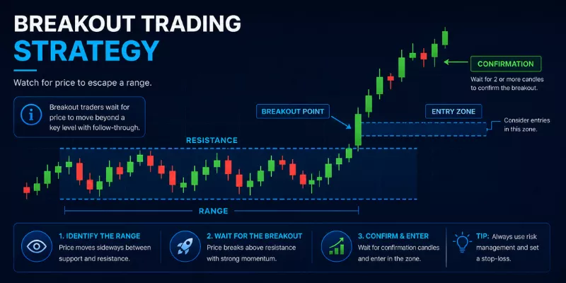 CFD Trading Breakout Strategy showing price range, breakout point above resistance, confirmation candles, and entry zone for breakout traders