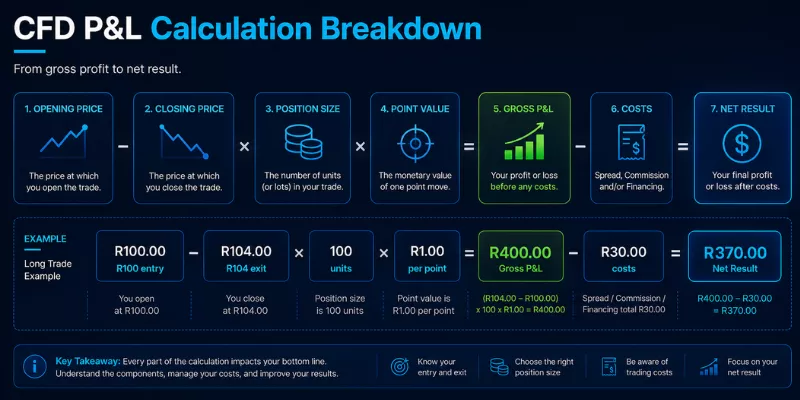 CFD Trading P&L Calculation Breakdown flowchart: Opening Price minus Closing Price multiplied by Position Size and Point Value equals Gross P&L minus Costs equals Net Result. Example: R100 entry to R104 exit, 100 units, R1 per point = R400 gross minus R30 costs = R370 net