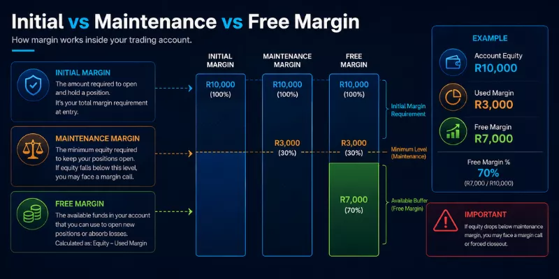 CFD Trading Initial vs Maintenance vs Free Margin diagram showing R10000 account equity, R3000 used margin, R7000 free margin, and maintenance threshold
