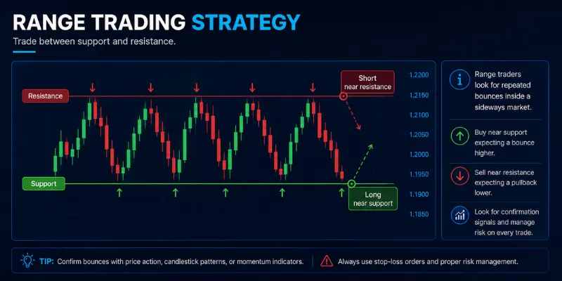 CFD Trading Range Trading Strategy showing support and resistance levels with bounces, long entries near support, short entries near resistance