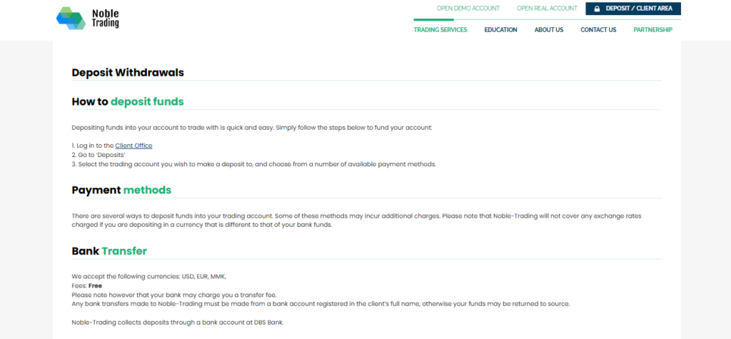 Noble Trading Deposit and Withdrawal