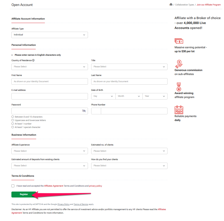How to open an Affiliate Account with HFM step 3